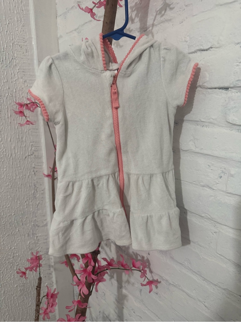 Cat & Jack White Terry Hooded Tiered Dress with Pink Trim